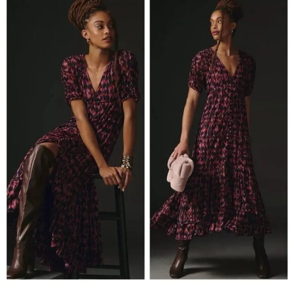 By Anthropologie V-Neck Printed Maxi Dress purple button front ruched size large - Picture 1 of 12